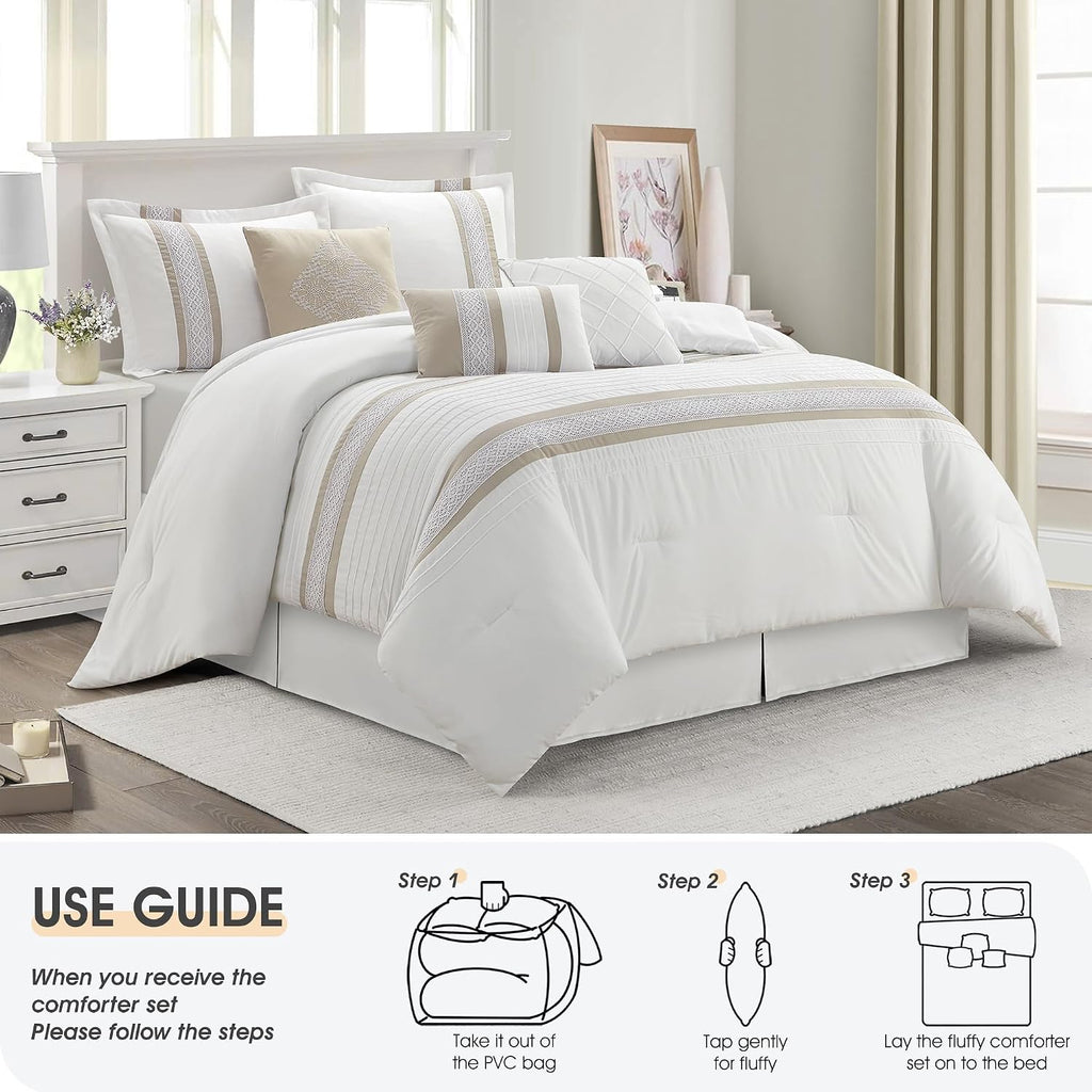 LANCO MODERN LIFESTYLE 7 Piece Comforter Set, Taupe White, Queen Size, Boho Style Geometric Microfiber Embroidery, Bed in a Bag with Bedskirt, Pillow Shams and Decor Pillows