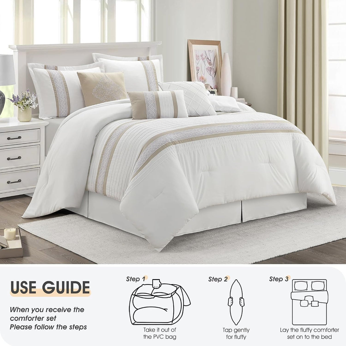 LANCO MODERN LIFESTYLE 7 Piece Comforter Set, Taupe White, California King, Boho Style Geometric Microfiber Embroidery, Bed in a Bag with Bedskirt, Pillow Shams and Decor Pillows
