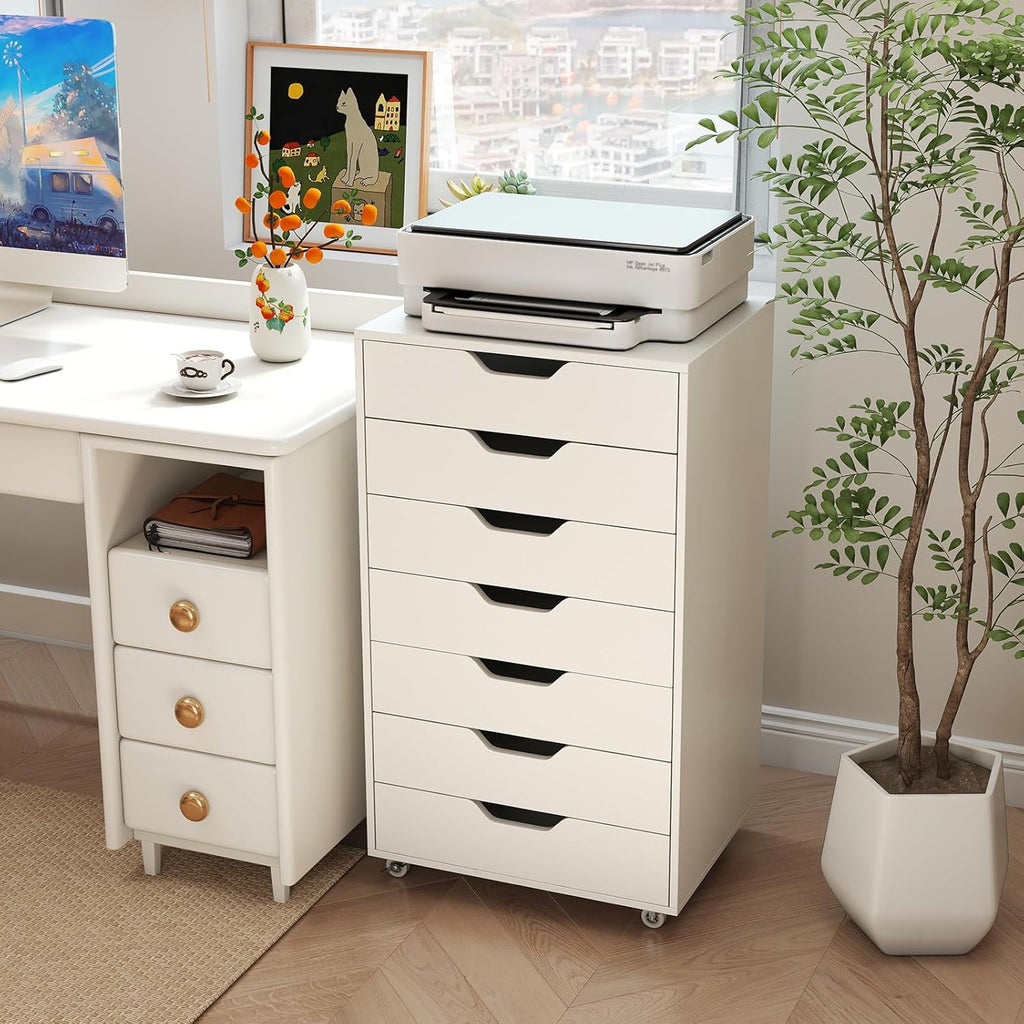 Giantex Drawers Cabinet Mobile Lateral Filing Organizer with 7 Drawers and Wheels Mobile Side Cabinet Chest for Home Office Storage Use 7-Drawer Dresser (19' x 16' x 34.5', White)