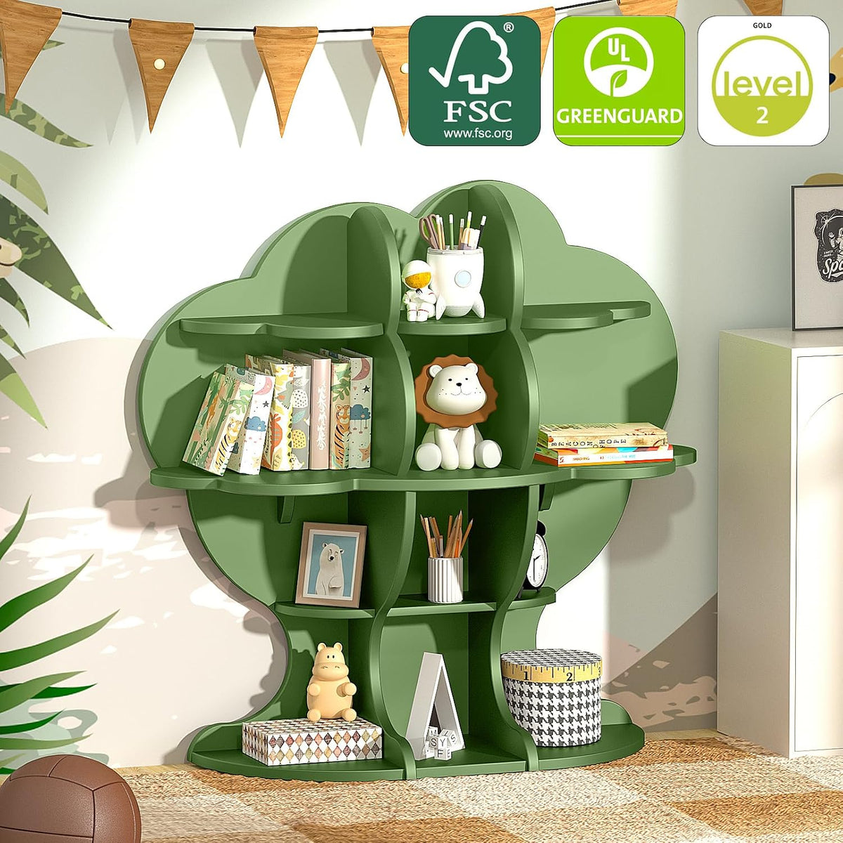 HedoAjim 4-Tier Christmas Tree Kids Bookshelf, Wooden Children Bookcase Toy Storage Organizer for Boys & Girls, Nursery, Playroom, Bedroom