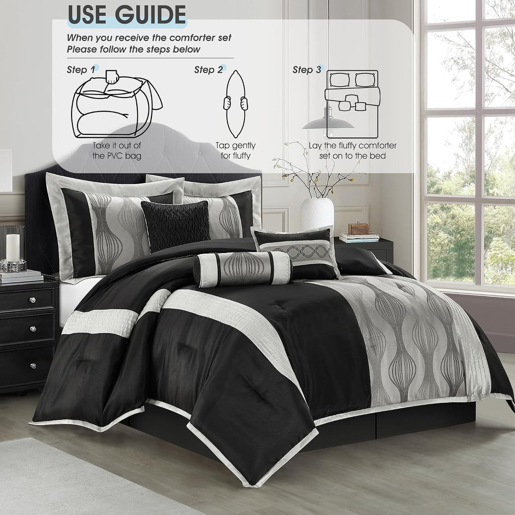 LANCO MODERN LIFESTYLE King Comforter Set, Black Silver, 15 Pieces Room in a Bag, Ultra Soft Jacquard with Patchwork, Luxury Bed Set with Sheets, Curtains, Bed Skirt, Pillow Shams, Cases and Pillows
