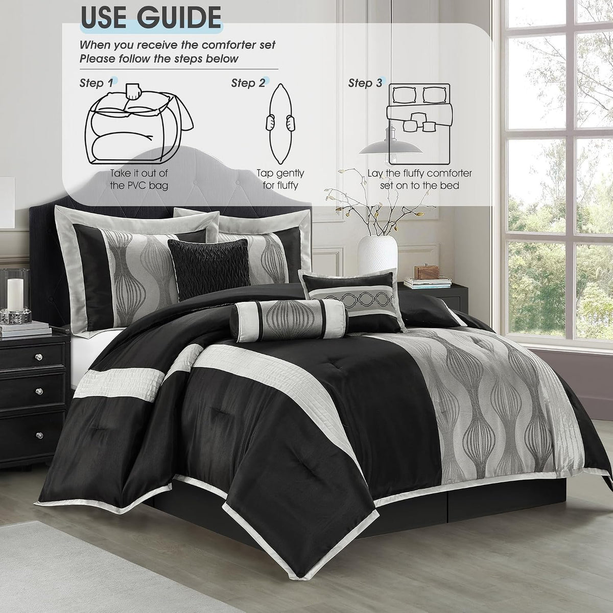 LANCO MODERN LIFESTYLE California King Comforter Set, Black Silver, 15 Pieces Room in a Bag, Jacquard with Patchwork, Luxury Bed Set with Sheets, Curtains, Bed Skirt, Pillow Shams, Cases and Pillows