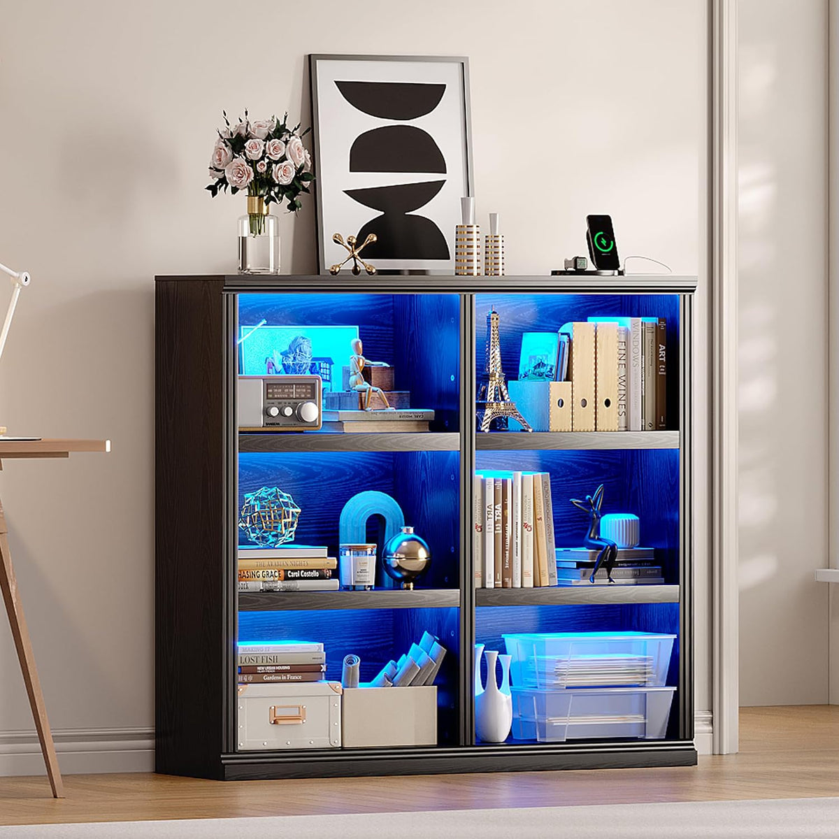 6-Cube LED Bookshelf with Motion Sensor Lights - USB Type-C Charging Module - Modern Cube Organizer Display Shelf 47.24 W x 43.31 H for Bedroom Living Room Home Office Gaming Room - Black