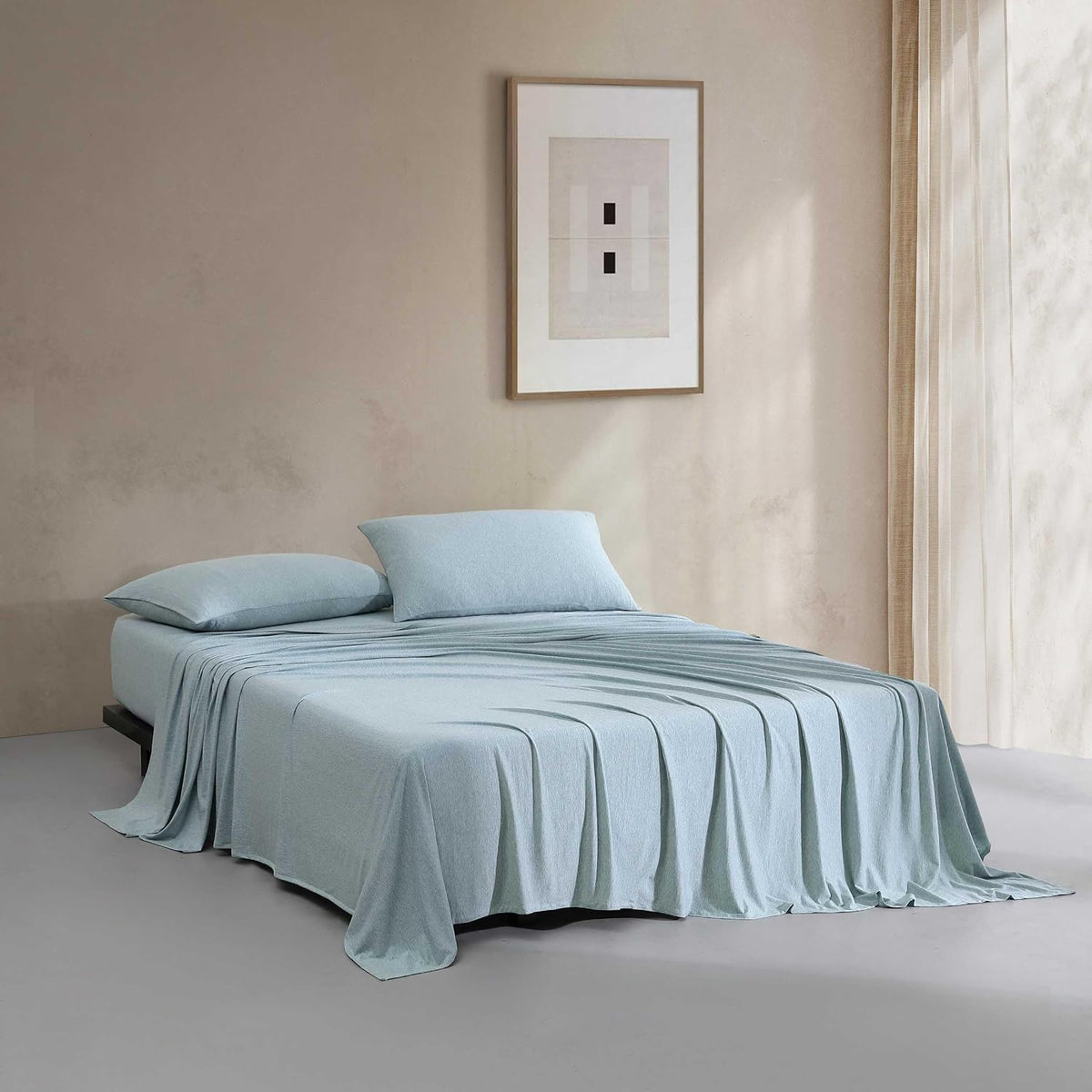 Calvin Klein - Queen Size Sheets Set, Naturally Soft Cotton-Blend Melange Jersey Bedding - Bed Sheets with Matching Pillowcases & Fitted Sheet (Modern Cotton Aqua)