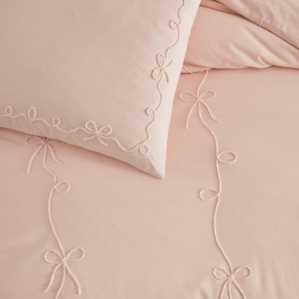 Peri Home Bows Duvet Cover Set 100% Cotton 3-Piece Bedding, King, Blush Pink Sasha Bows