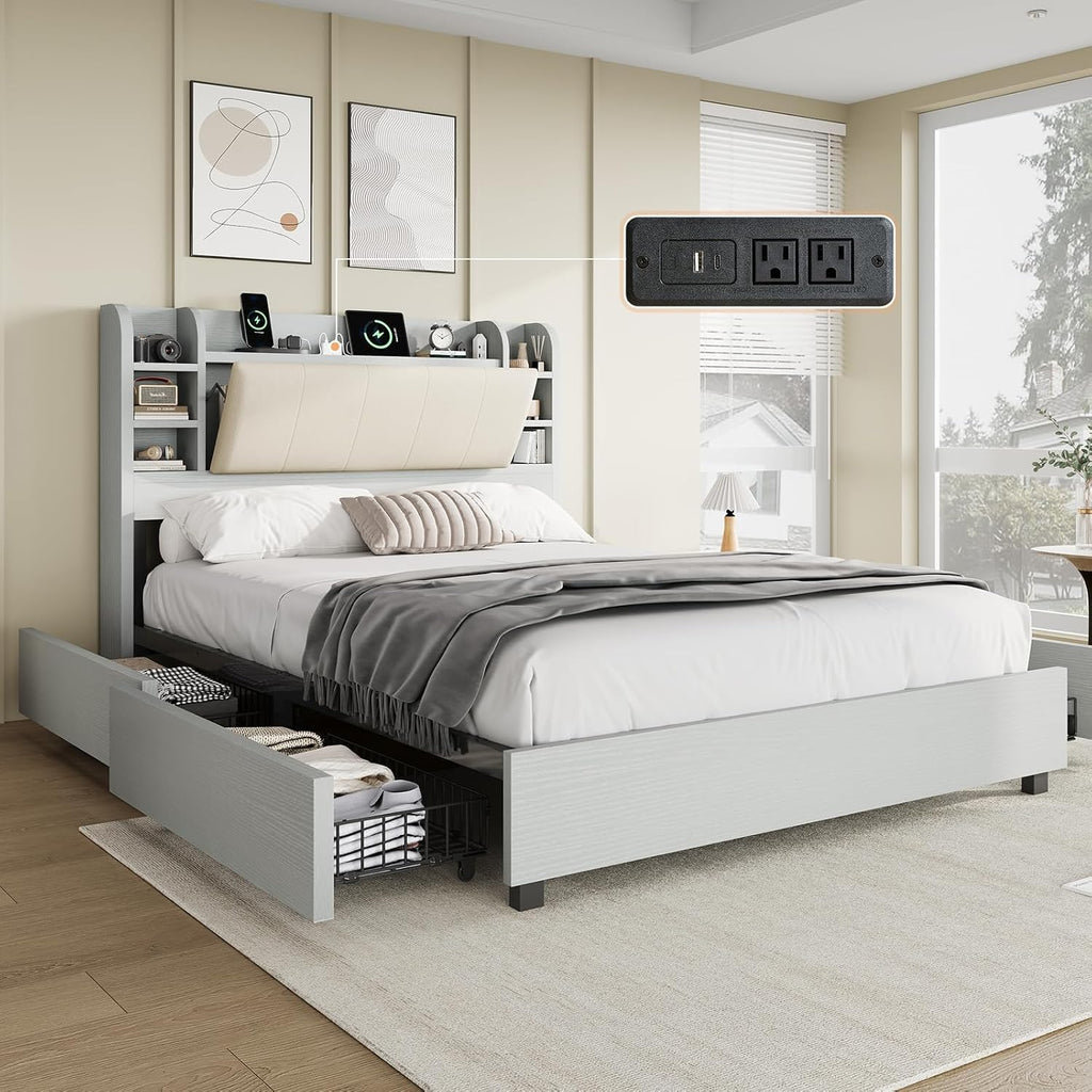 AMERLIFE Queen Size Bed Frame with Bookcase Headboard, Hidden Storage and 4 Drawers, Upholstered Cushion Backrest, Wooden Platform Bed with Charging Station, Heavy Duty Metal Frame, Light Grey