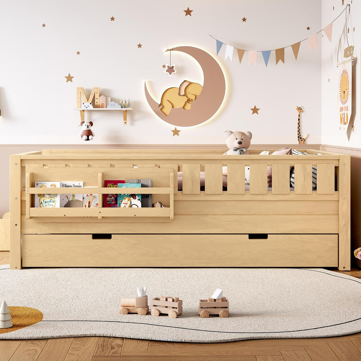 Bellemave Twin Bed with Trundle Twin and Stairs, Twin Size Platform Bed Frame with Fence and Bookshelf, Easy Assemble Beds for Kids, Girls, Boys, Light Natural