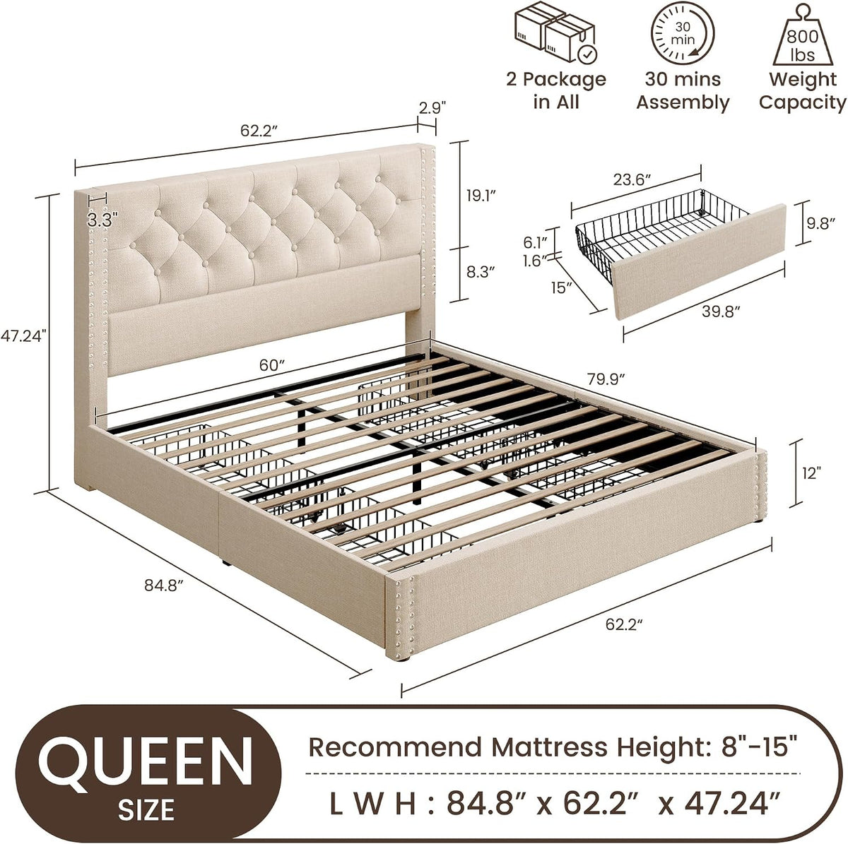 BRELTAM Queen Size Bed Frame with 4 Storage Drawers and Tufted Headboard Linen Upholstered Platform Bed Frame with Heavy Duty Wood Slats, No Box Spring Needed, Beige