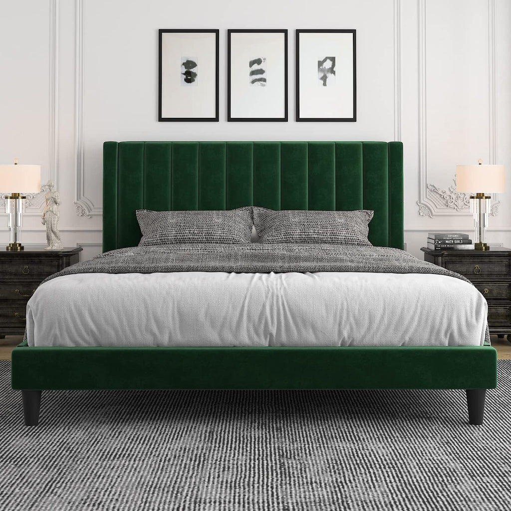 Allewie King Bed Frame/Velvet Upholstered Bed Frame with Vertical Channel Tufted Headboard/Strong Wooden Slats/Platform Bed Frame/Mattress Foundation/Box Spring Optional/Easy Assembly/Green