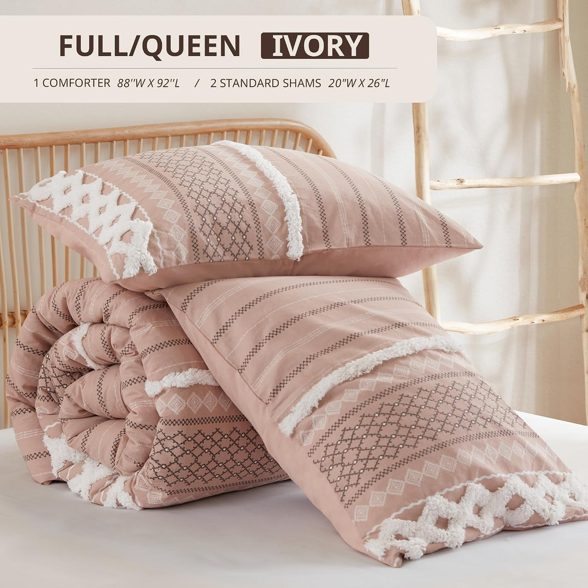 INK+IVY Comforter for Queen Size Bed, Chenille Tufted, Breathable Cotton Comforter Set Queen, All Season Modern Boho Comforter with Farmhouse Bedding Flare, 2 Matching Shams, Queen Blush 3 Piece