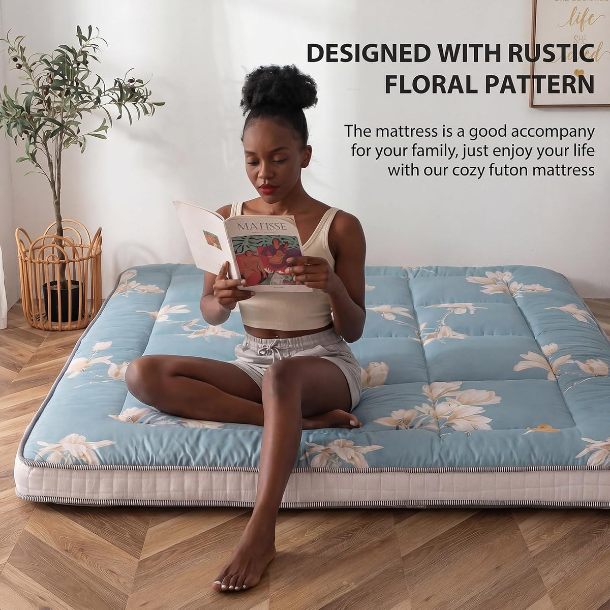 MAXYOYO Floral Printed Futon Mattress, Padded Japanese Floor Mattress Quilted Mattress Topper, Extra Thick Folding Sleeping Pad Breathable Floor Lounger Guest Couch for Camping, Queen Size