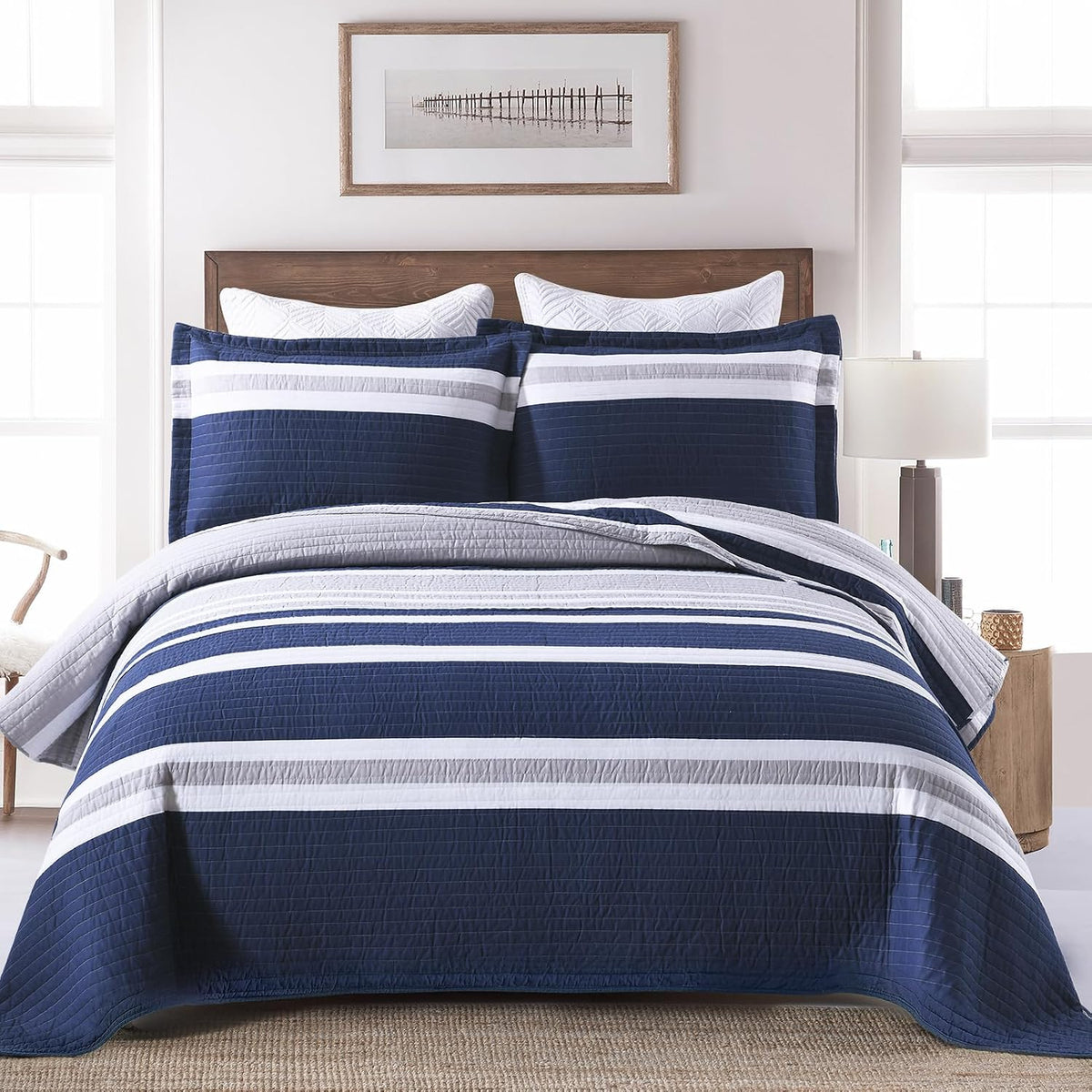 SahSahCasa Quilt King Size, 100% Cotton King Quilt Set, Navy Blue Striped Quilt, King Quilt Bedding Set Bedspreads, Lightweight Comforter for King Bed, All Season, Navy Blue, 3 Pieces