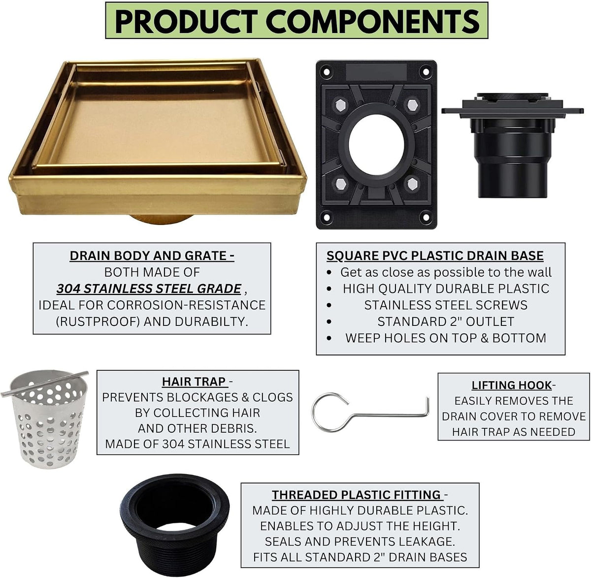 SereneDrains 304 Stainless Steel Tile in Square Brushed Gold Shower Drain Kit with A Base Hair Catcher Strainer Grate Brass Cover Bathroom Floor Insert (Matte Gold, Square PVC Plastic)