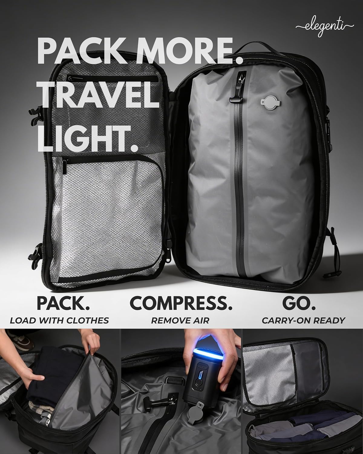 Expandable Vacuum Travel Backpack with Compression System & Pump | 60L Carry On Backpack with TSA Lock, Laptop Sleeve & Water Resistant Shell | Black