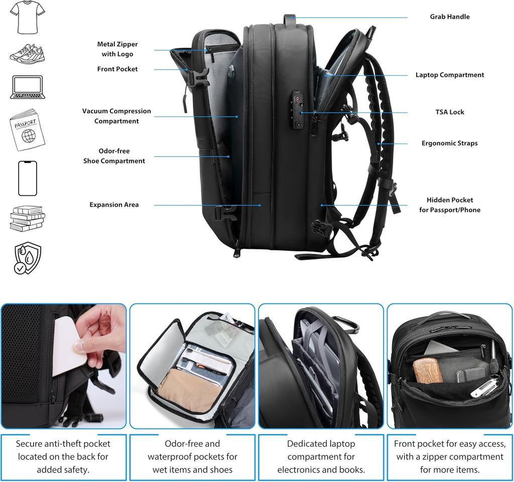 Vacuum Backpack Travel with Pump, 60L Expandable Airbag Travel Backpack, Travel Backpack with Vacuum System, TSA Lock, USB Charging Port, Water Resistant