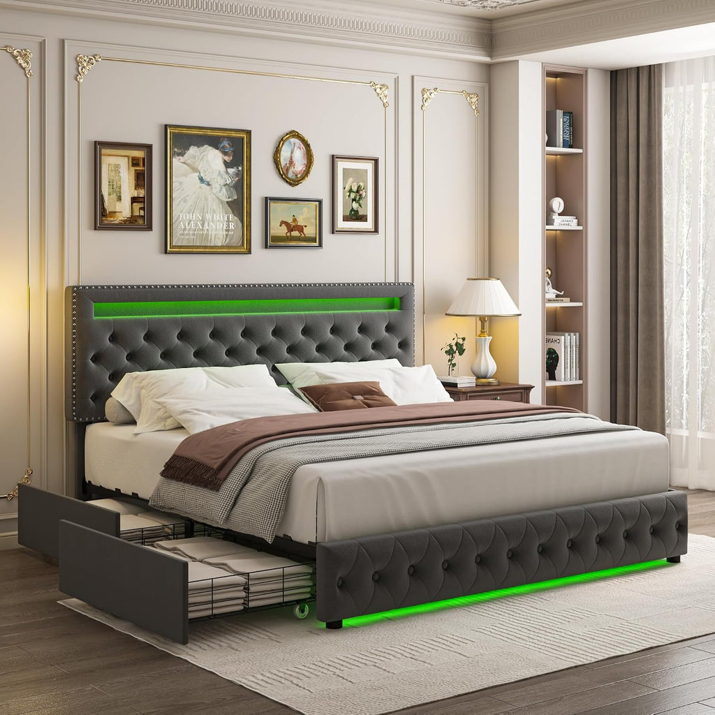 King LED Bed Frame with 4 Drawers, Platform Bed with Headboard, Adjustable Upholstered Diamond Headboard and Frame, No Box Spring Needed, Wooden Slats Support,Velvet Gray
