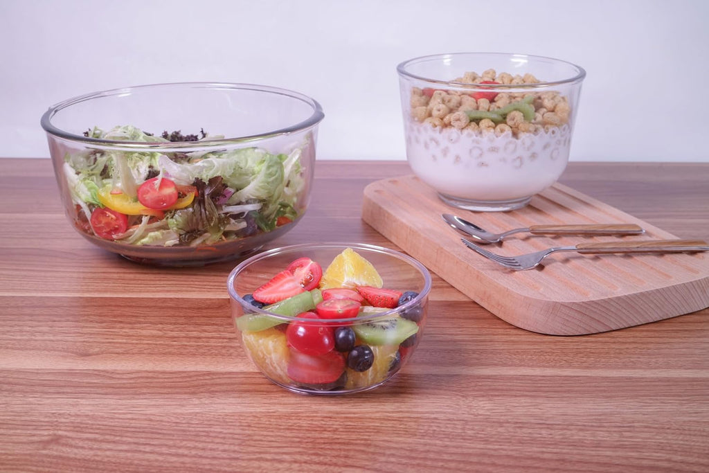FOSA Vacuum Glass Mixing Bowls and Dual-Vac Lid Combo set - Nesting Salad Bowl - Ideal for Baking, Prepping, Serving, and Food Storage - Microwave & Dishwasher Safe, Heat-Resistant Borosilicate Glass