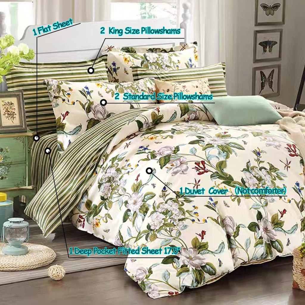 FADFAY Shabby Floral Bedding Set California King 7Pcs 100% Cotton Green Cream Flower Bed Sheets with Duvet Cover Set, Complete Bedding Bed in a Bag Vintage Countryside Soft Deep Pocket Fitted Sheets