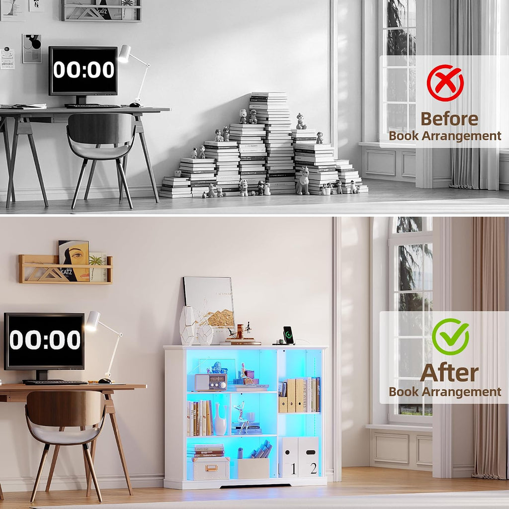 3-Tier LED Bookshelf with Lights - Motion Sensor Bookcase - USB Charging Module - Adjustable Display Shelf for Bedroom Kids Room Living Room Home Office - 47.24 W x 40 H - White