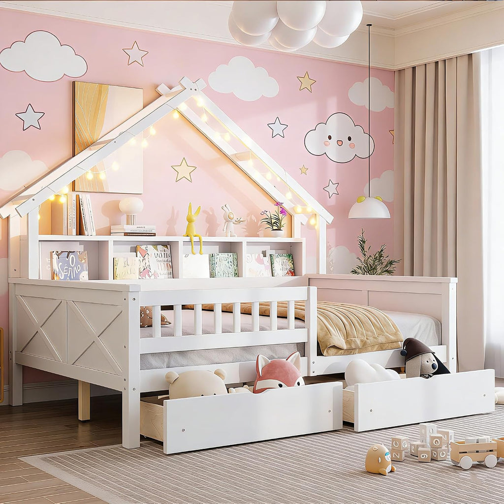 Bellemave Full Size Kids House Bed with Storage Drawers and Led Lights, Solid Wood House Frame Kids Bed with Bookshelf and Roof for Boys,Girls,White
