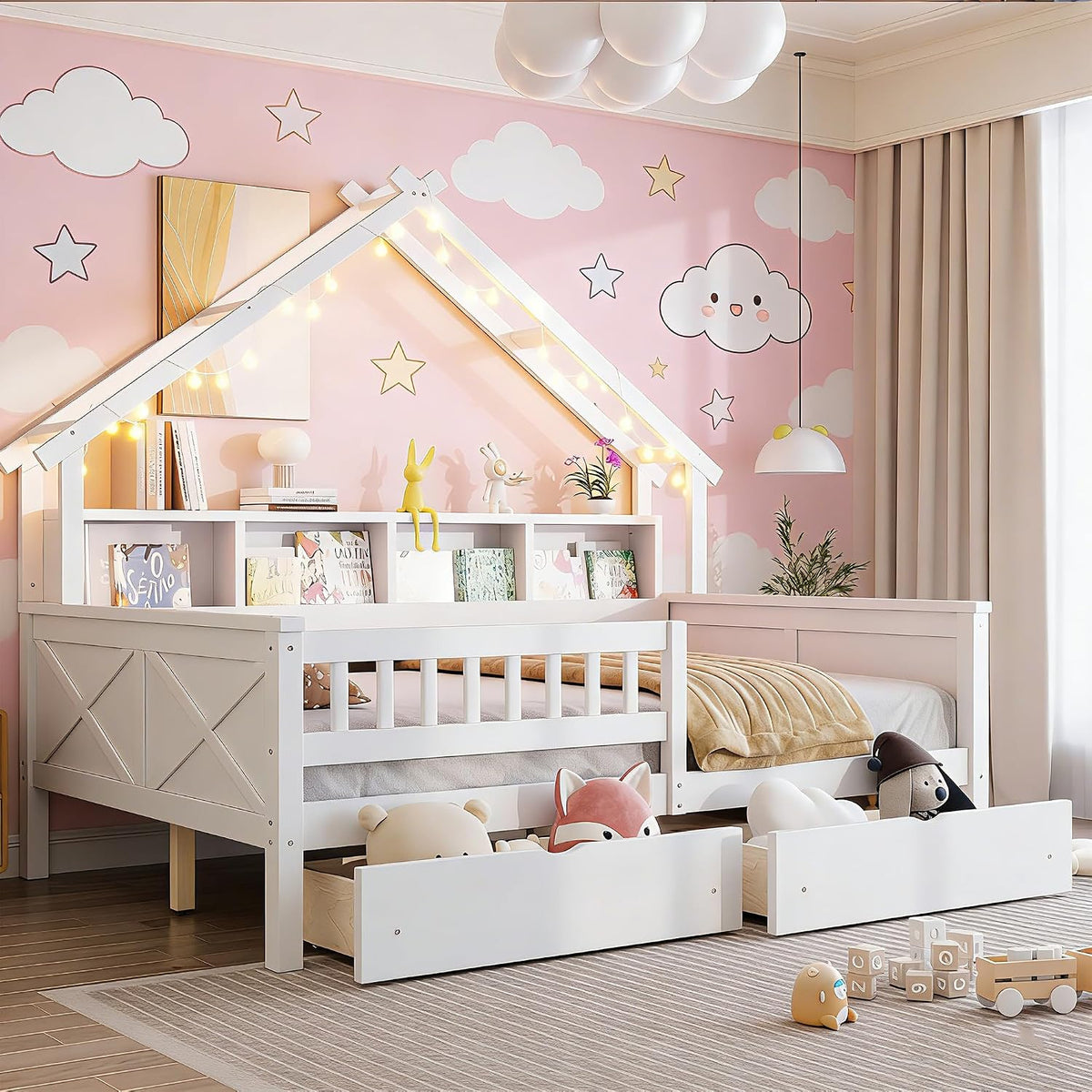 Bellemave Full Size Kids House Bed with Storage Drawers and Led Lights, Solid Wood House Frame Kids Bed with Bookshelf and Roof for Boys,Girls,White