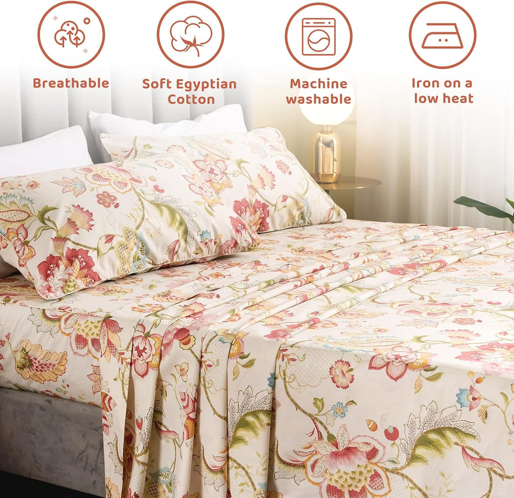 QSH 100% Egyptian Cotton Sheets Cal King Size, Red Yellow Flowers Leaves Pattern Botanical Printed Flower Bedding Sheets, 4pcs Deep Pocket Bed Sheet Set