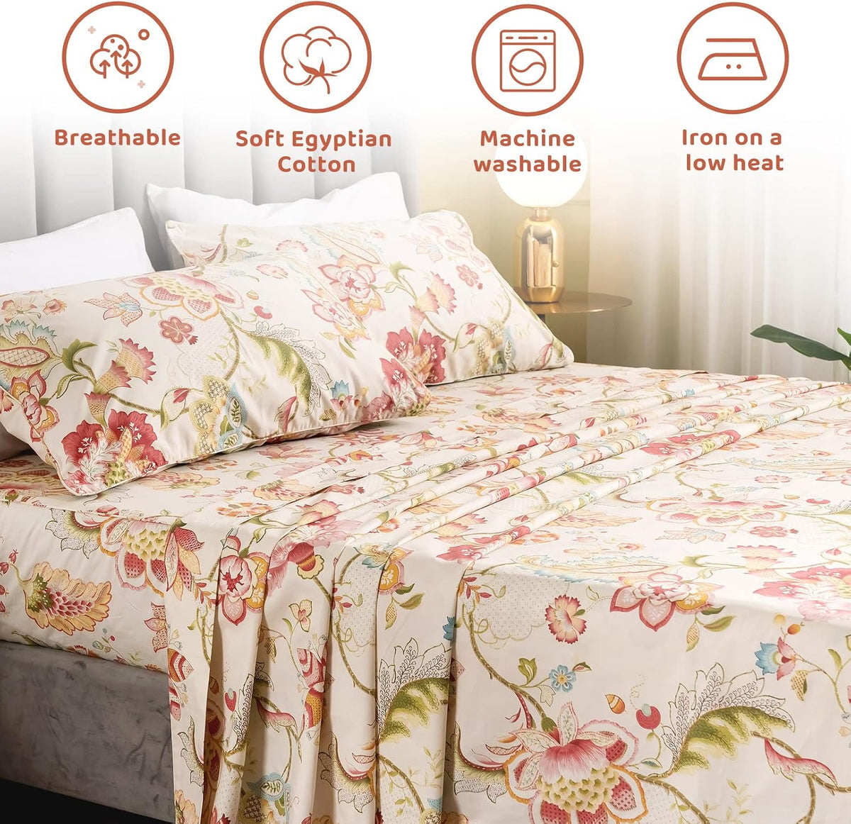 QSH 100% Egyptian Cotton Sheets Cal King Size, Red Yellow Flowers Leaves Pattern Botanical Printed Flower Bedding Sheets, 4pcs Deep Pocket Bed Sheet Set