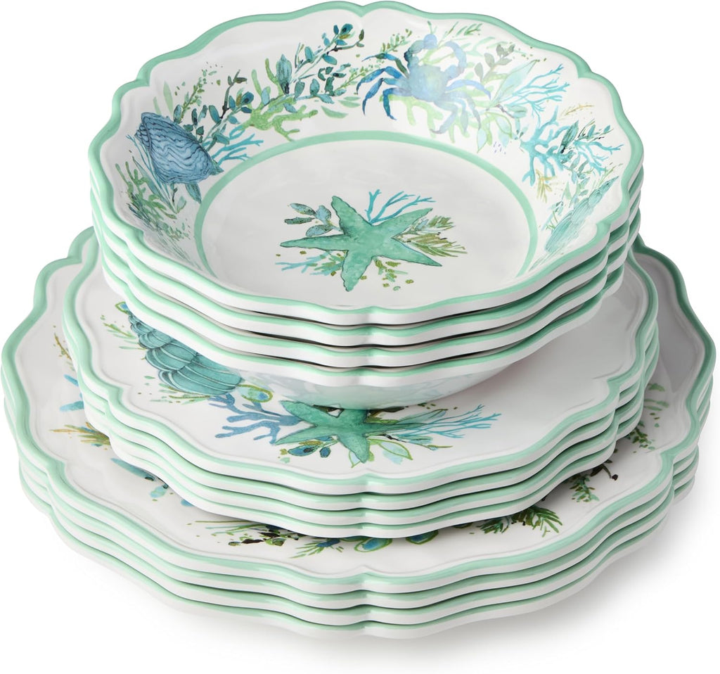 Sea Glass 12 Pc. MELAMINE DINNERWARE SET, SERVICEfor 4, coastal mix‑and‑match plates and bowls with ocean motifs, ideal for indoor outdoor dining, beach homes, patios, poolside meals