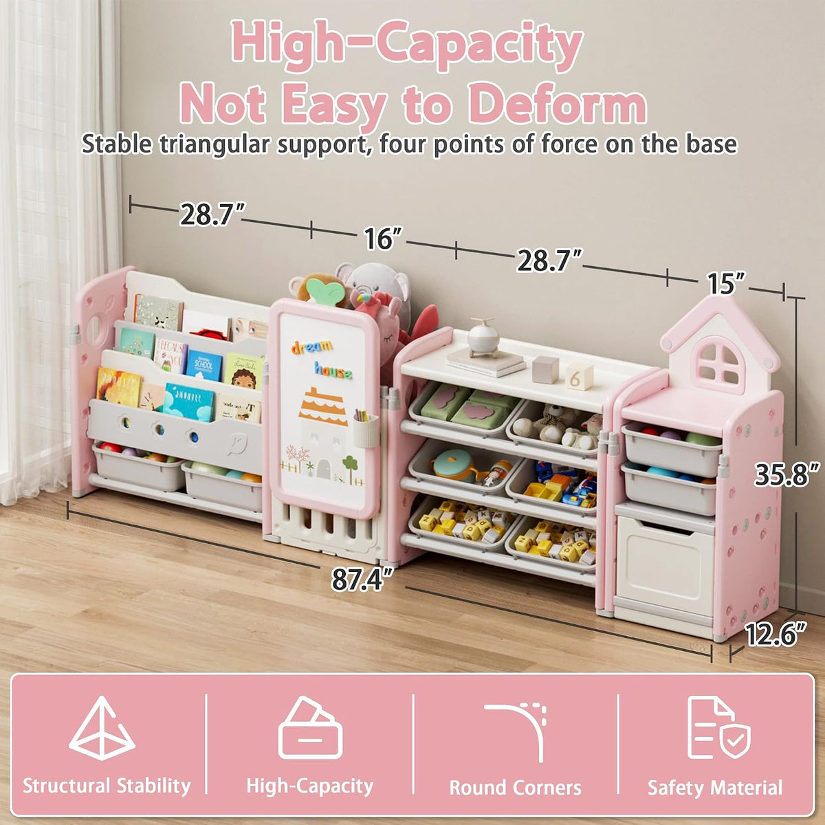 Kids Toy Storage Organizer with 10 Removable Bins, Foldable Toy Organizers and Storage with 3-Tier Bookshelf for Kids Toy Storage Organizer with Drawing Board, Extra 3 Brushes (4 In 1 Light Pink)