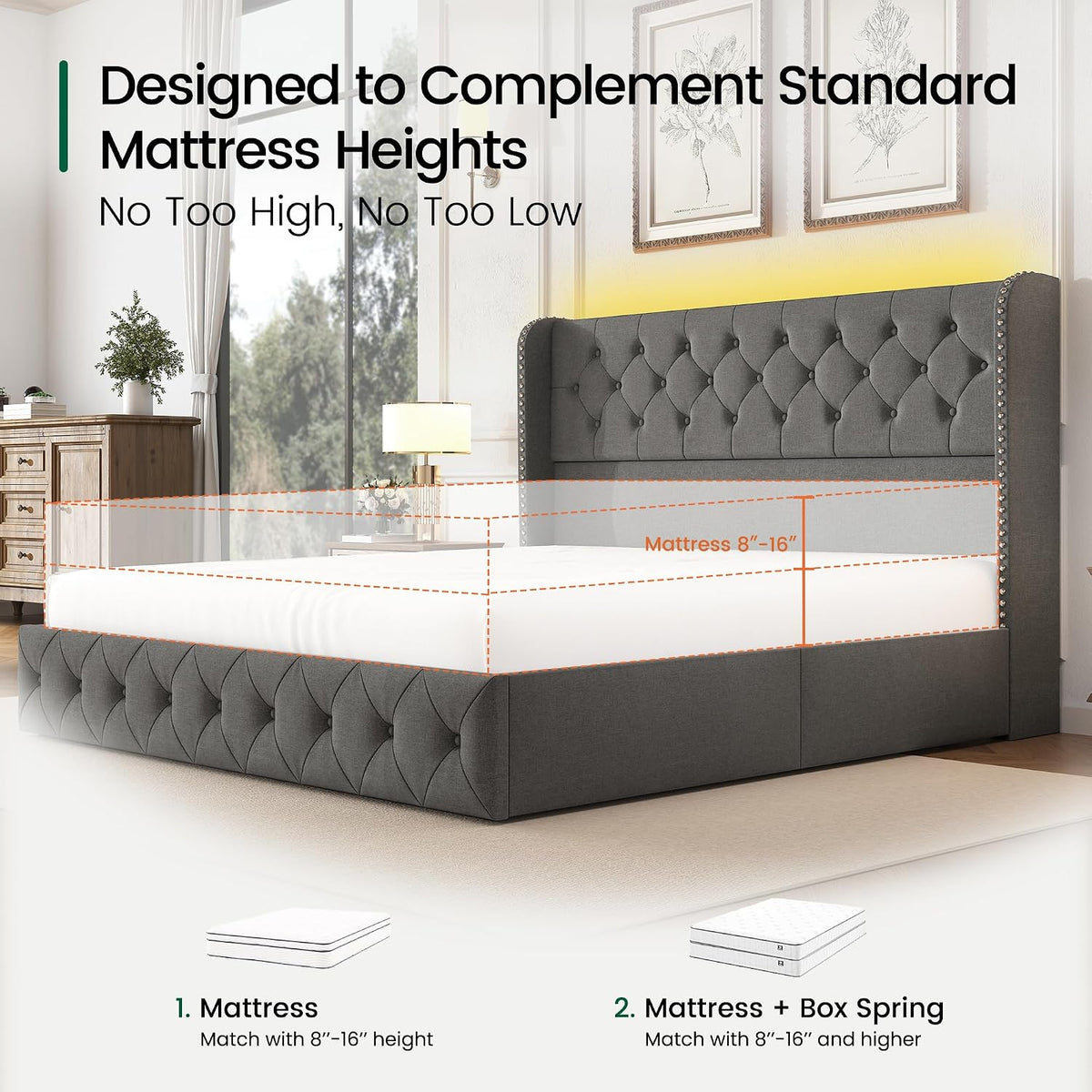 LARMACE King Size Bed Frame with LED Lights and 4 Storage Drawers Linen Upholstered Platform Bed Frame with 47.2' Tall Tufted Headboard Wingback, No Box Spring Needed, Easy to Assemble, Grey