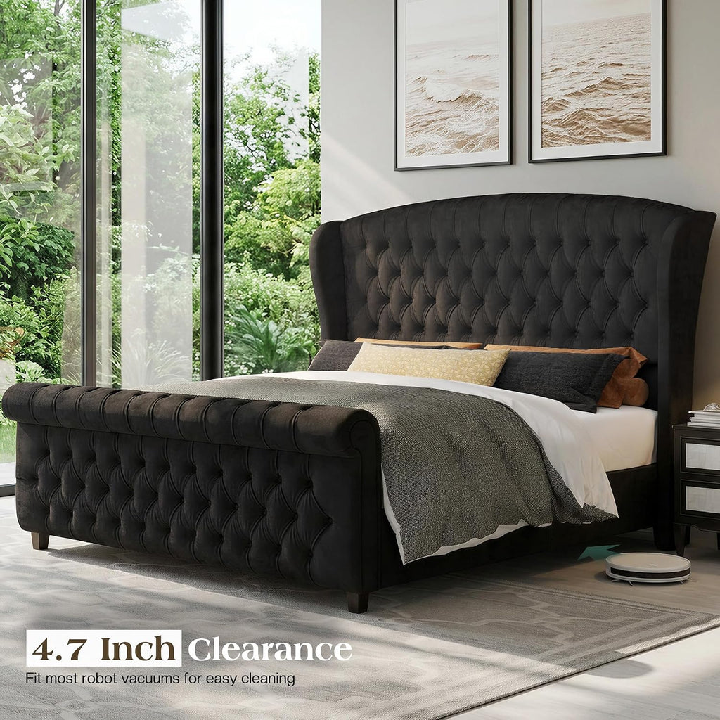 LUXOAK King Size Platform Bed Frame, Velvet Upholstered Sleigh Bed with Curved Headboard & Footboard, Deep Button Tufted, Wood Slats Support, No Box Spring Needed, Black