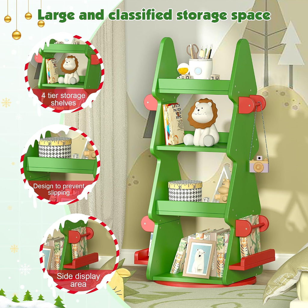 HedoAjim 4-Tier 360° Rotating Kids Bookshelf, Wooden Christmas Tree Bookcase Toy Storage Organizer for Boys & Girls, Nursery, Playroom, Bedroom