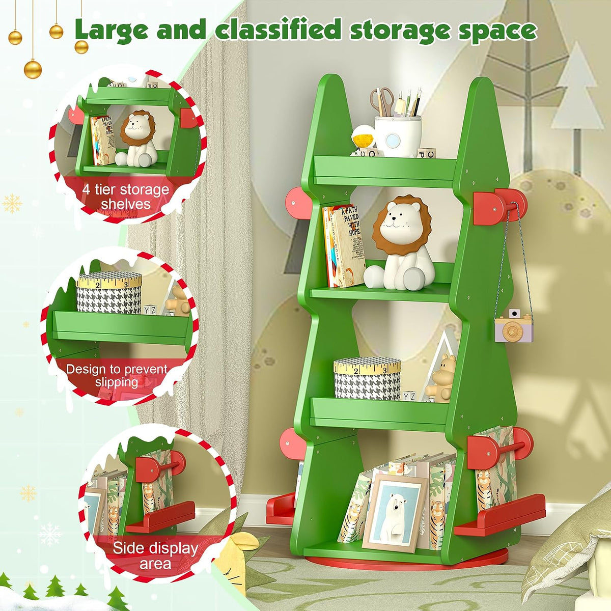 HedoAjim 4-Tier 360° Rotating Kids Bookshelf, Wooden Christmas Tree Bookcase Toy Storage Organizer for Boys & Girls, Nursery, Playroom, Bedroom
