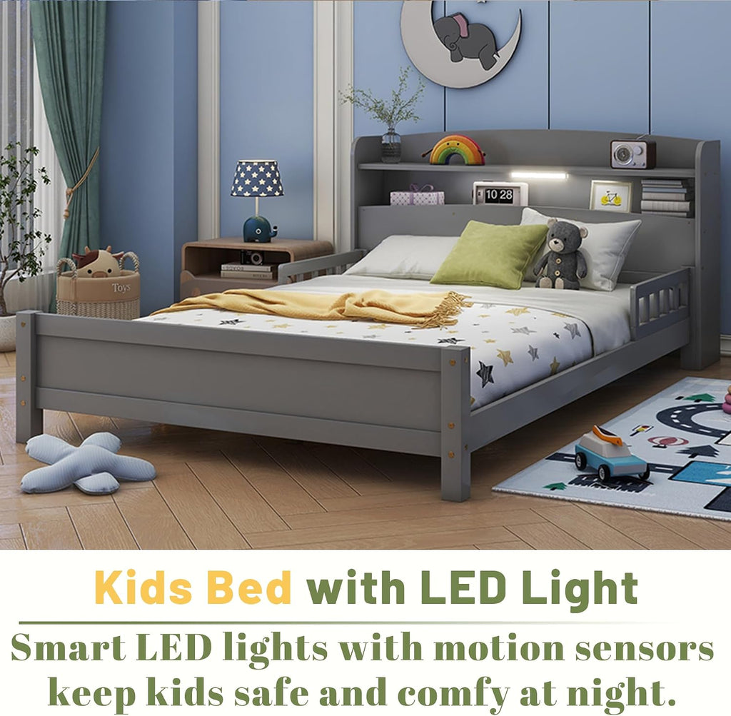 Full Size Kids Bed, Wood Kids Bed with Storage Bookcase & Headboard, Beds Frames with Rails & LED Motion Sensor Light, for Boys and Girls, Grey
