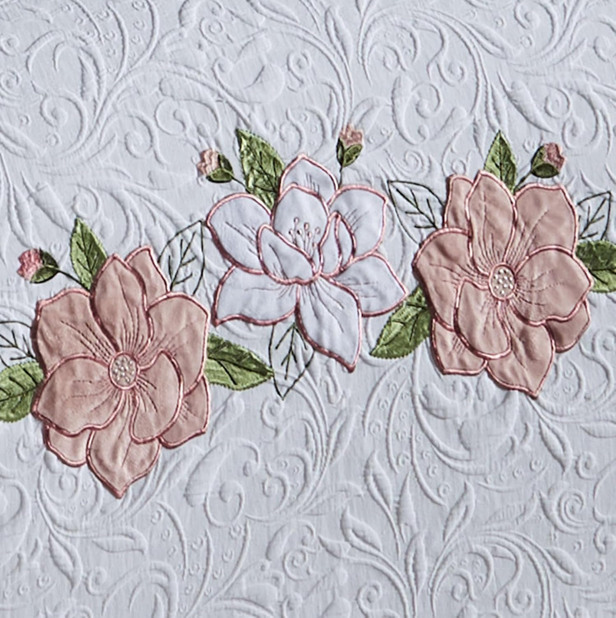 Lovington Floral Luxury Matelasse Bedding | Pink and White Velvet Flower Appliques | 11-Pc Bed Set: Oversize Queen Coverlet, Bedskirt, 2 Standard Shams, 2 Euro Shams, 2 Euro Inserts, & 3 Throw Pillows
