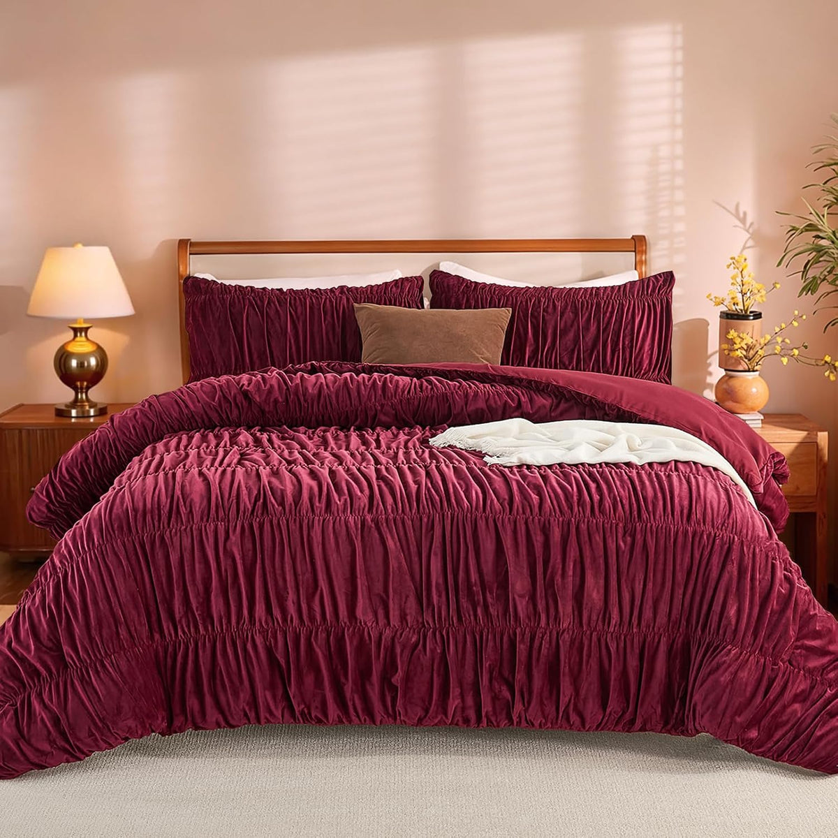 Bedbay Burgundy Velvet Queen Comforter Set,Boho Shabby Chic Ruched Bedding Comforter,Aesthetic Vintage Bedding Fluffy Ruffle Comforter Set,Ultra Soft Velvet Chenille Quilt Set,Red Full/Queen 3 Piece