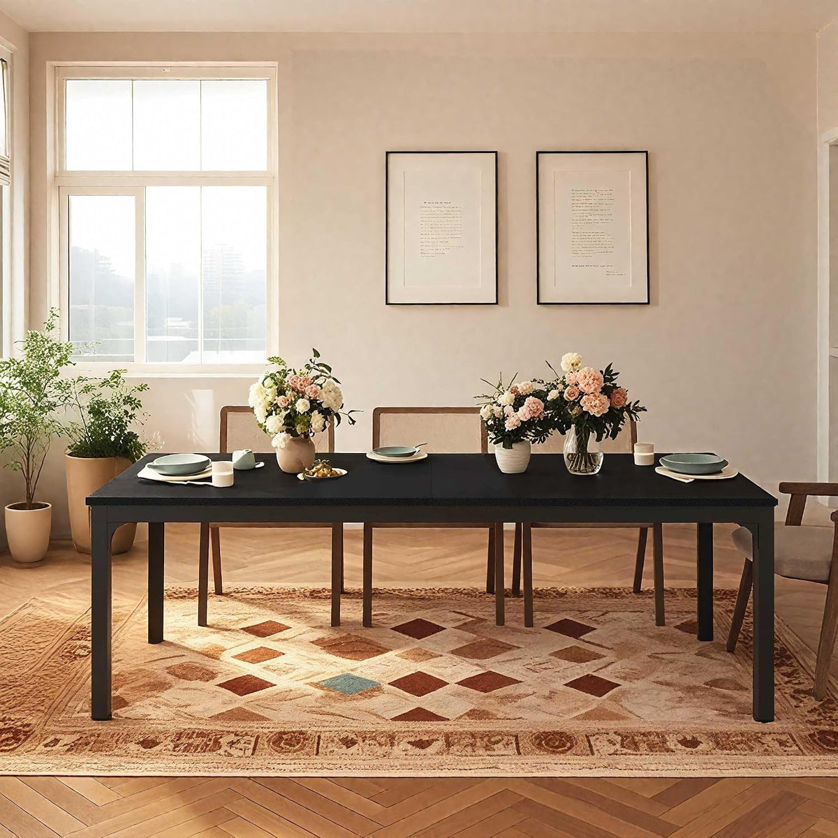 Large Dining Table, 78.7 x 27.6 Inches, Seats 6-8, Rustic Wood Top with Black Metal Frame (Black)