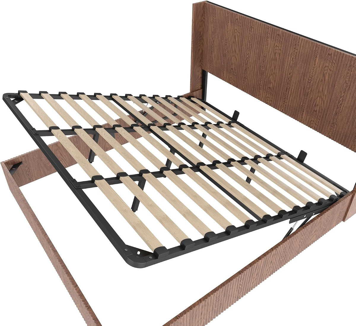 Lift Up Storage Bed King Size, King Bed Frame with Headboard and Lift Storage System, Wood Headboard with Wing-Back and Convex Groove Board Design
