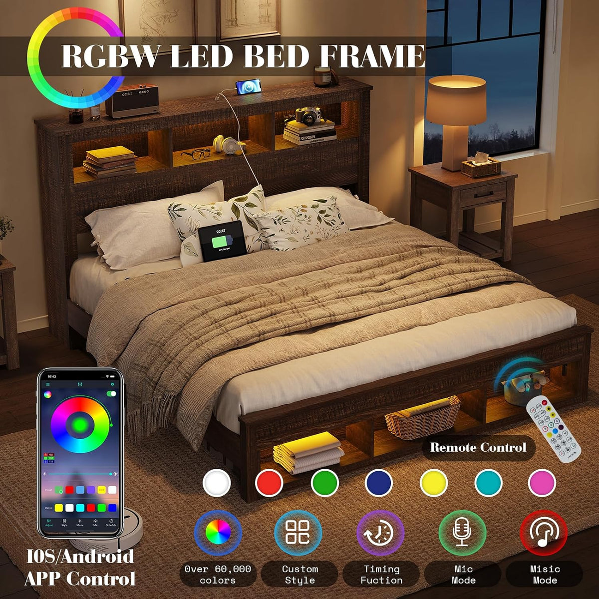 Albott Farmhouse Full Size Bed Frame with Storage/Bookcase Headboard & Footboard, Wood Platform Bed with LED Lights/Charging Station, Heavy-Duty Metal Support/No Box Spring Needed/Noise-Free, Brown