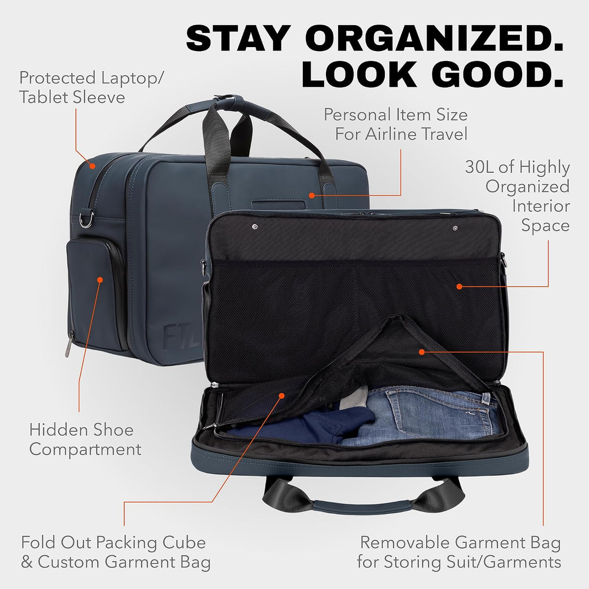 The FTL Pro Mens Travel Bag - 30L Premium Work to Gym Weekender Duffel with Garment Bag, Shoe Space & 18' Laptop Sleeve - Organized Athletic Business Carry On Hybrid, Fits Under Airplane Seat - Blue