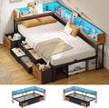 MSmask 14 Inch Corner Bed Frame with Bookcase Storage, Twin XL Daybed with 6 Drawers, Charging Station and LED Light, Twin XL Size Metal Platform Bed Frame for Kids Teenagers, Black & Vintage Brown