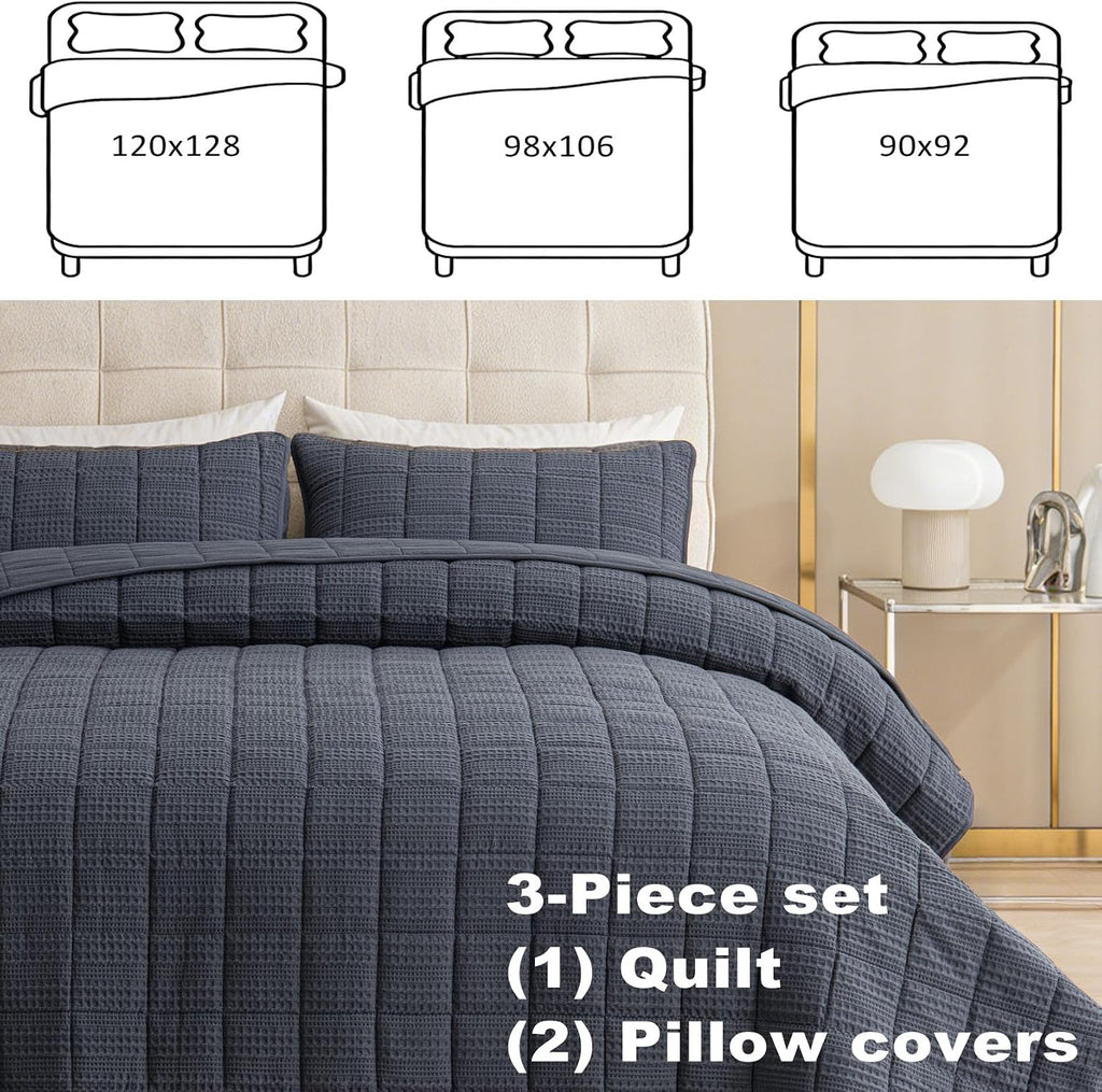 120x128 Cotton Quilt Bedding Set Oversized King Size Quilted Bedspread Sets with 2 Shams,3 Pieces Lightweight Soft Bedding Sets for All Season,Gray Blue
