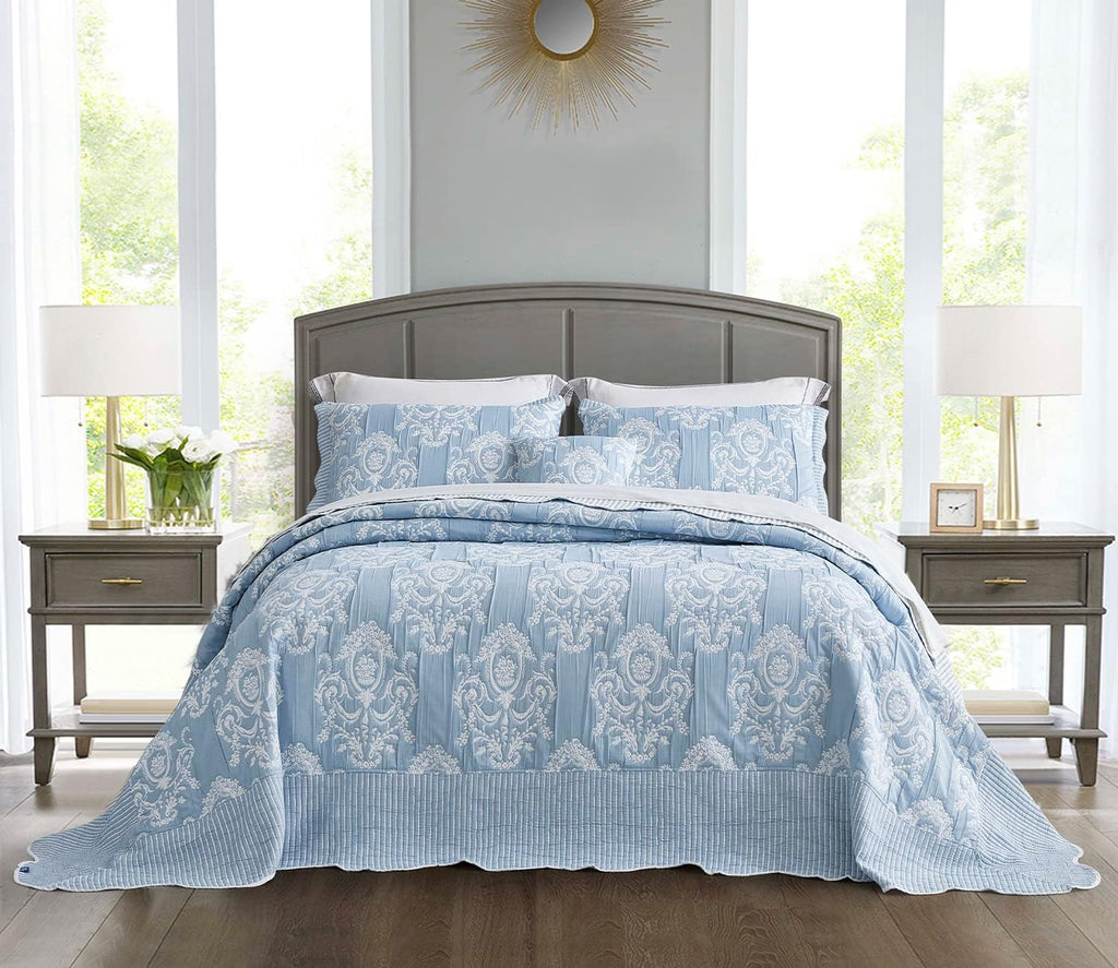 HZ & HY Oversized King Bedspread 128x120 Extra Wide, Jacquard Matelasse Damask Pattern Design, Lightweight, Reversible, 5 Piece, 100% Microfiber, Wathet Blue