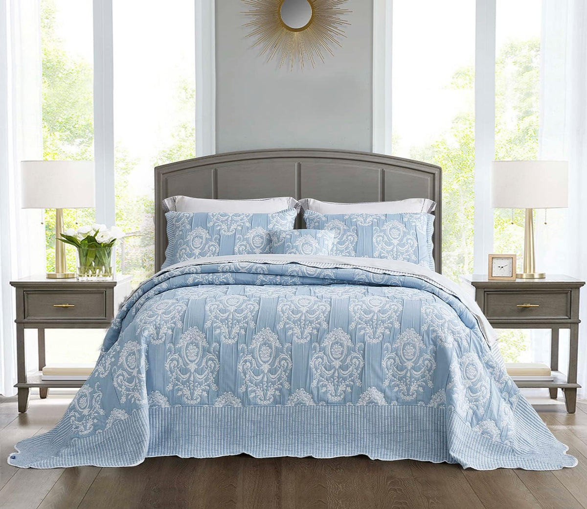 HZ & HY Oversized King Bedspread 128x120 Extra Wide, Jacquard Matelasse Damask Pattern Design, Lightweight, Reversible, 5 Piece, 100% Microfiber, Wathet Blue