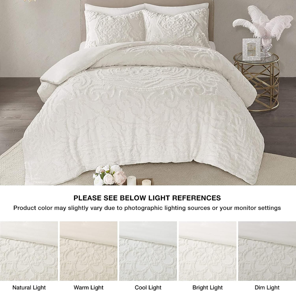 Madison Park Laetitia Comforter Bohemian Tufted Cotton Chenille, Medallion Shabby Chic All Season Down Alternative Bed Set with Matching Shams, Floral Off White Full/Queen(90'x90') 3 Piece