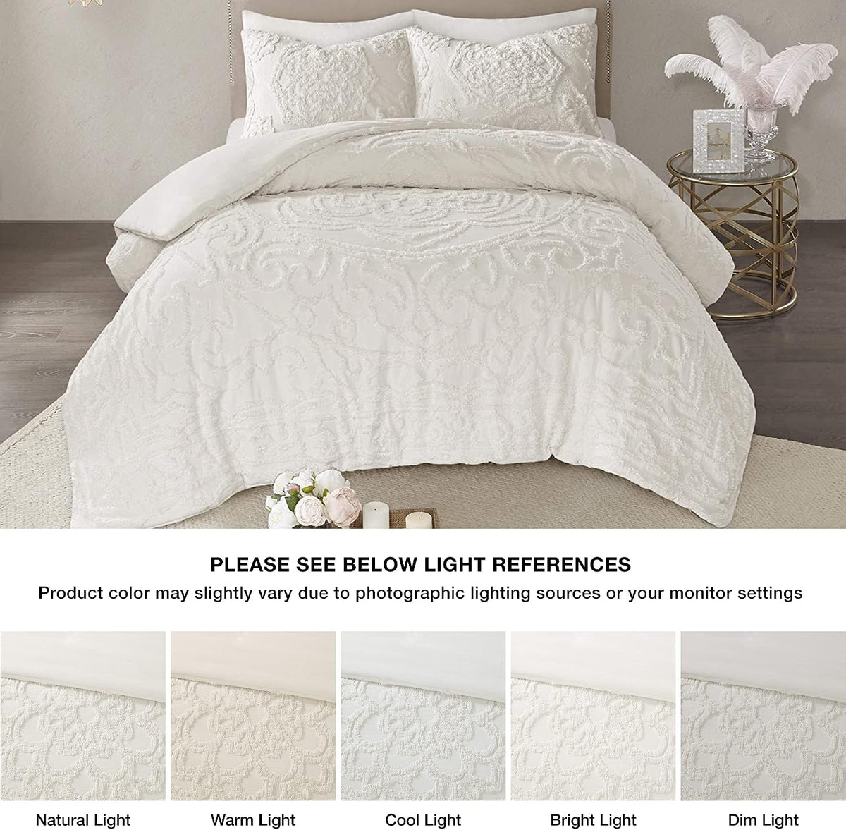Madison Park Laetitia Comforter Bohemian Tufted Cotton Chenille, Medallion Shabby Chic All Season Down Alternative Bed Set with Matching Shams, Floral Off White Full/Queen(90'x90') 3 Piece