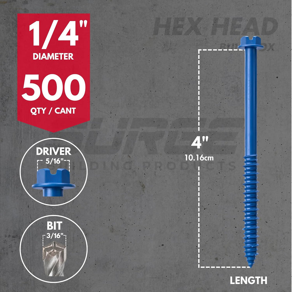 1/4' x 4' Hex Head Blue Concrete Screw Anchor with Drill Bit & Driver (Box of 500) | Masonry Screws for Concrete, Block, and Brick