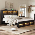Albott Farmhouse Queen Size Bed Frame with Storage/Bookcase Headboard & Footboard, Wood Platform Bed with LED Lights/Charging Station, Heavy-Duty Metal Support/No Box Spring Needed/Noise-Free, Black