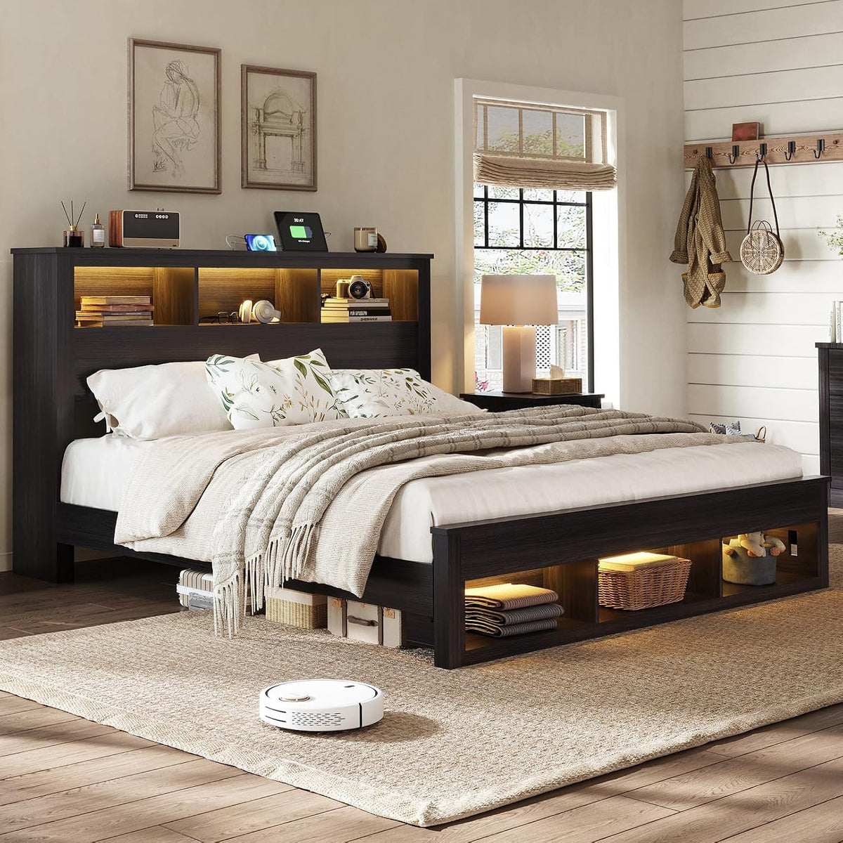 Albott Farmhouse Queen Size Bed Frame with Storage/Bookcase Headboard & Footboard, Wood Platform Bed with LED Lights/Charging Station, Heavy-Duty Metal Support/No Box Spring Needed/Noise-Free, Black