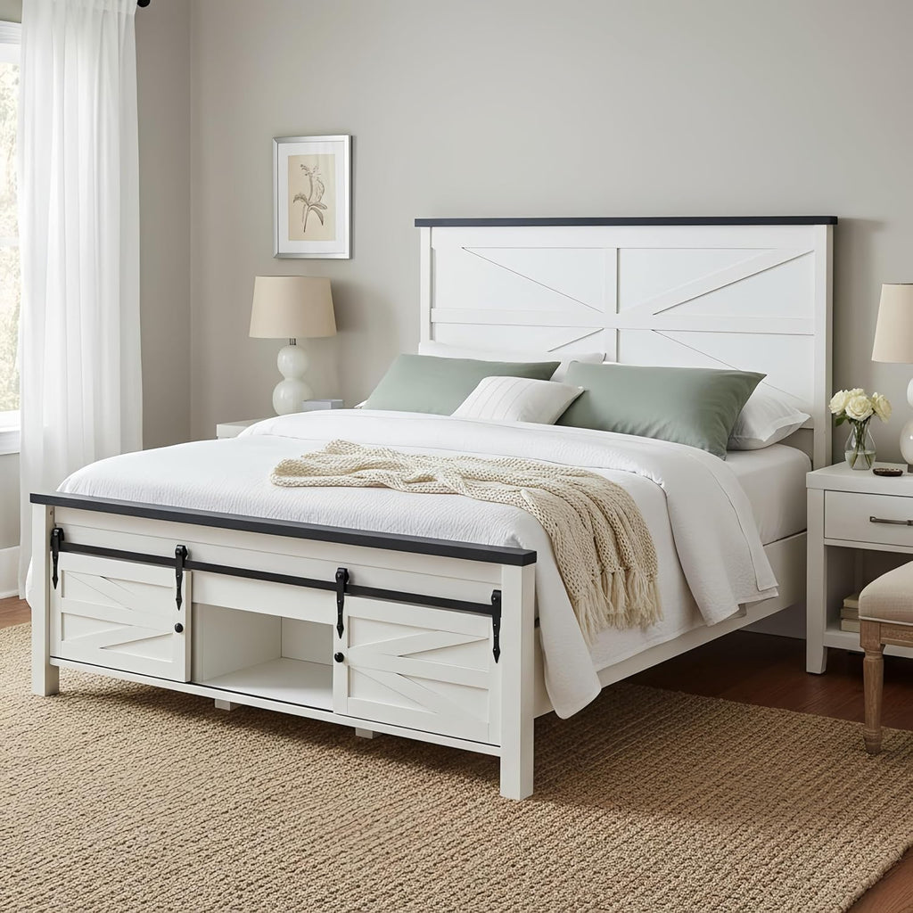 ACCOHOHO Farmhouse Queen Size Bed Frame with Barn Door Storage, Platform Bed Frame with Headboard, Rustic Bed, Solid Wood Slats Support/Noiseless/No Box Spring Needed (White)